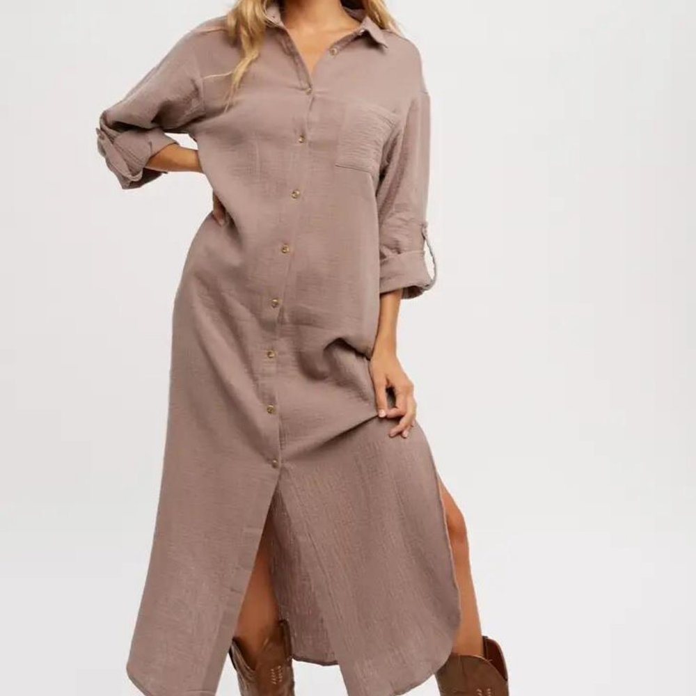 Button Up Maxi Shirt Dress With Pocket (Mushroom)